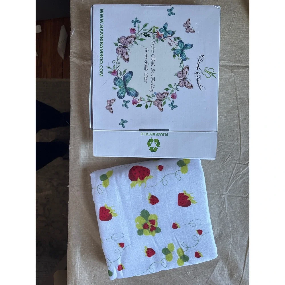 Bambi Bamboo Hooded Baby Towel Strawberry Print White Red Hypoallergenic NEW